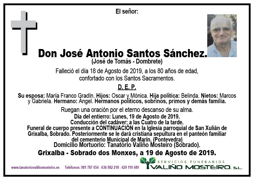 Esquela de José Antonio Santos Sánchez.